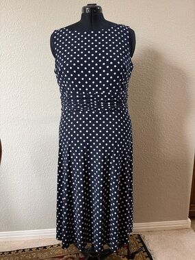 Chaps Navy and White Polka Dot Sleeveless Midi Dress